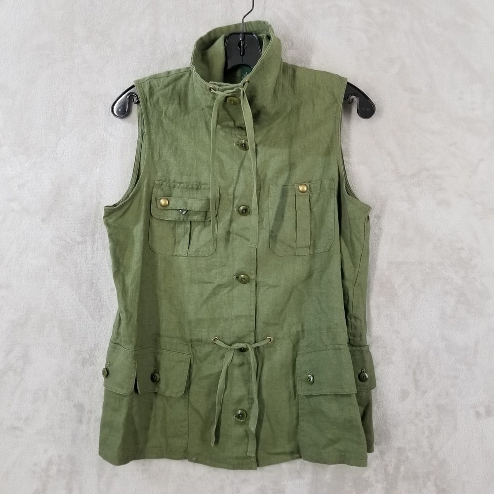 Lauren Ralph Lauren Linen Utility Cargo Vest Women's Size S Olive Green Pockets